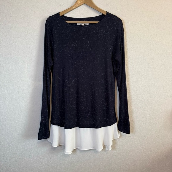 LOFT Navy Blue Speckled Chiffon Layered Look Long Sleeve Shirt Top Size Medium - Picture 1 of 10